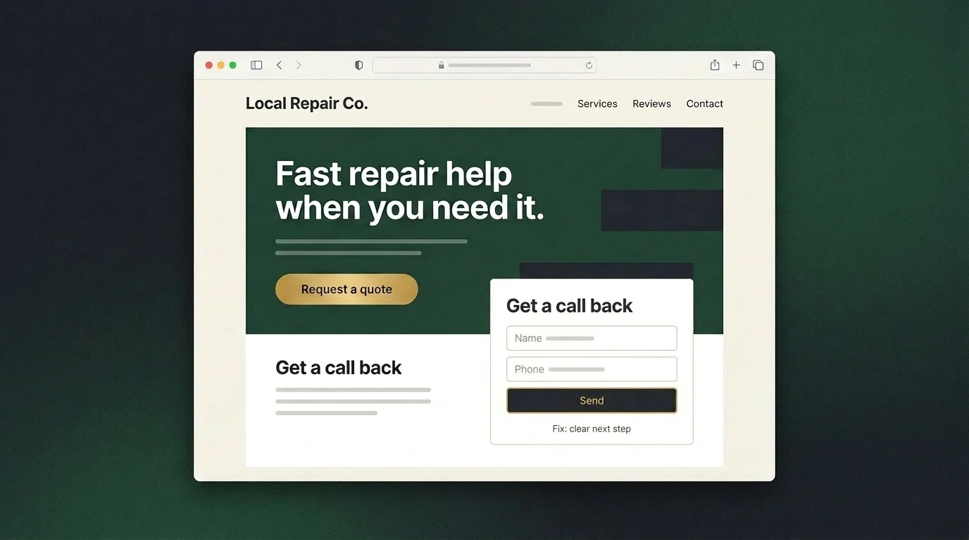 AI-generated mockup of a cleaned-up repair website with a clear quote button and callback form