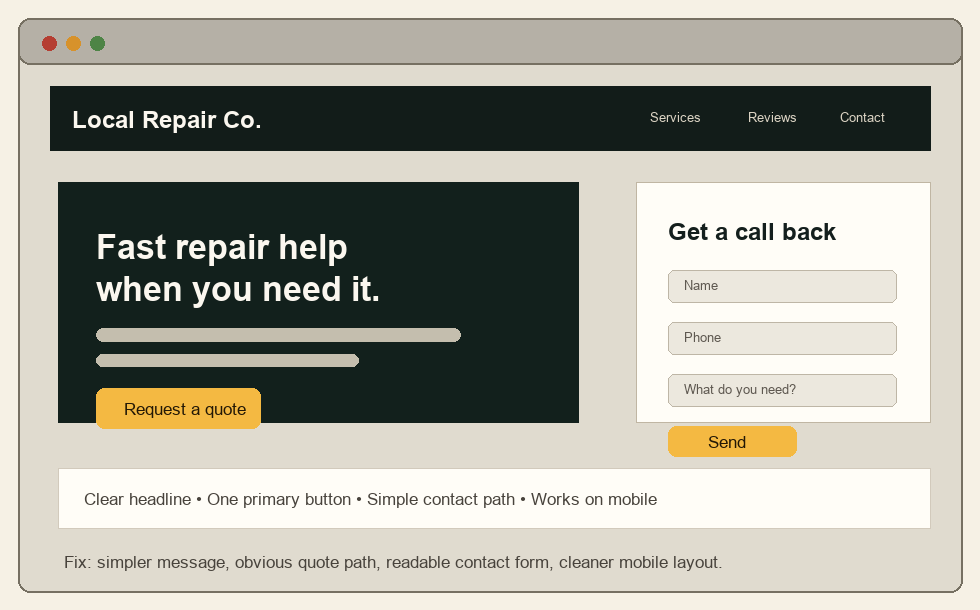 Mockup of a cleaned-up practical small-business website