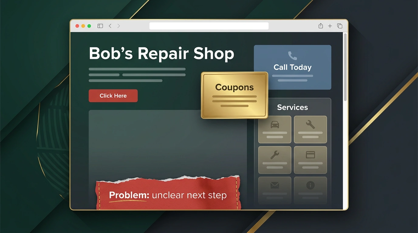 AI-generated mockup of a cluttered repair shop website with an unclear next step