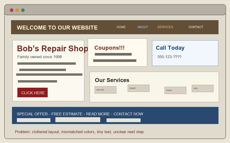 Mockup of a cluttered outdated small-business website