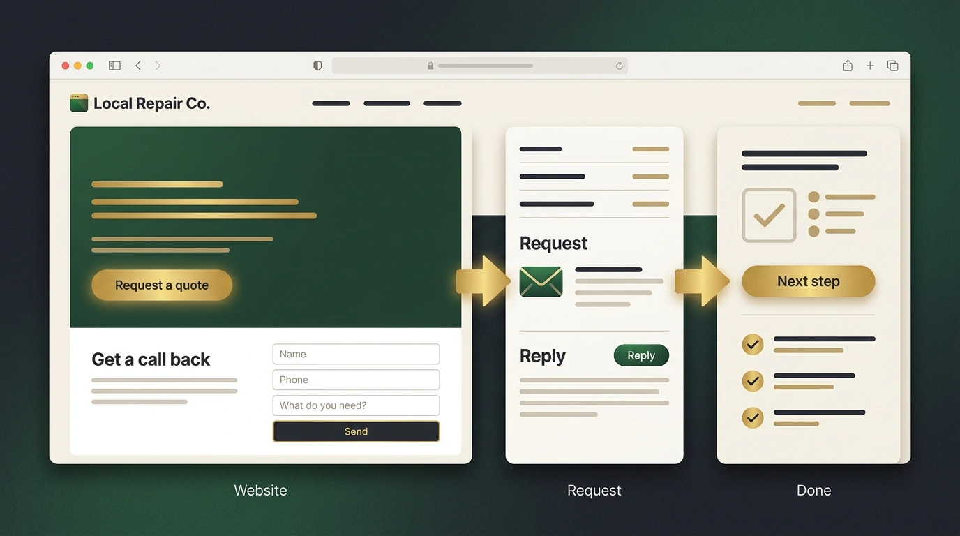 AI-generated workflow graphic showing a website request moving into a reply and next step