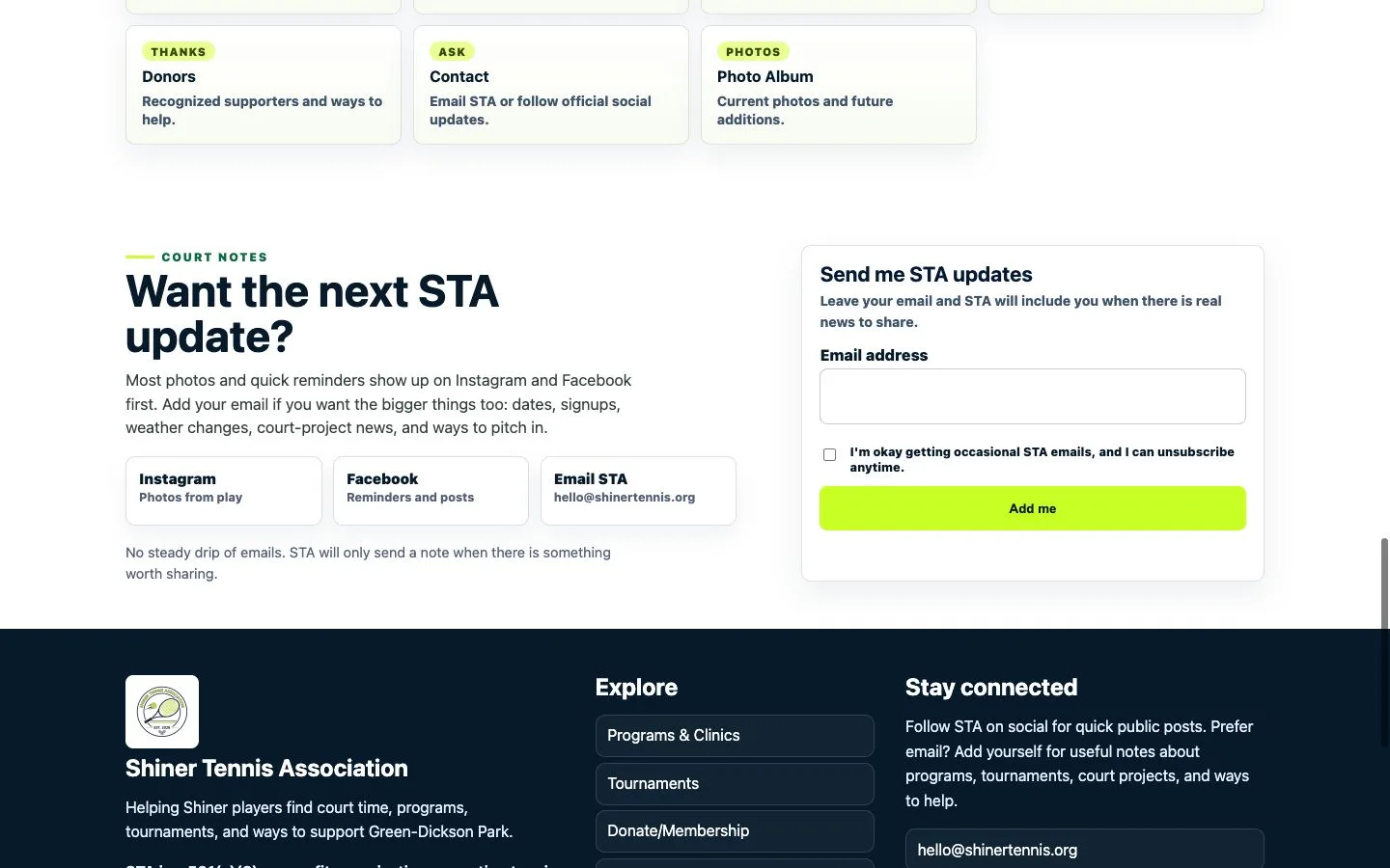 Shiner Tennis Association website — view 3