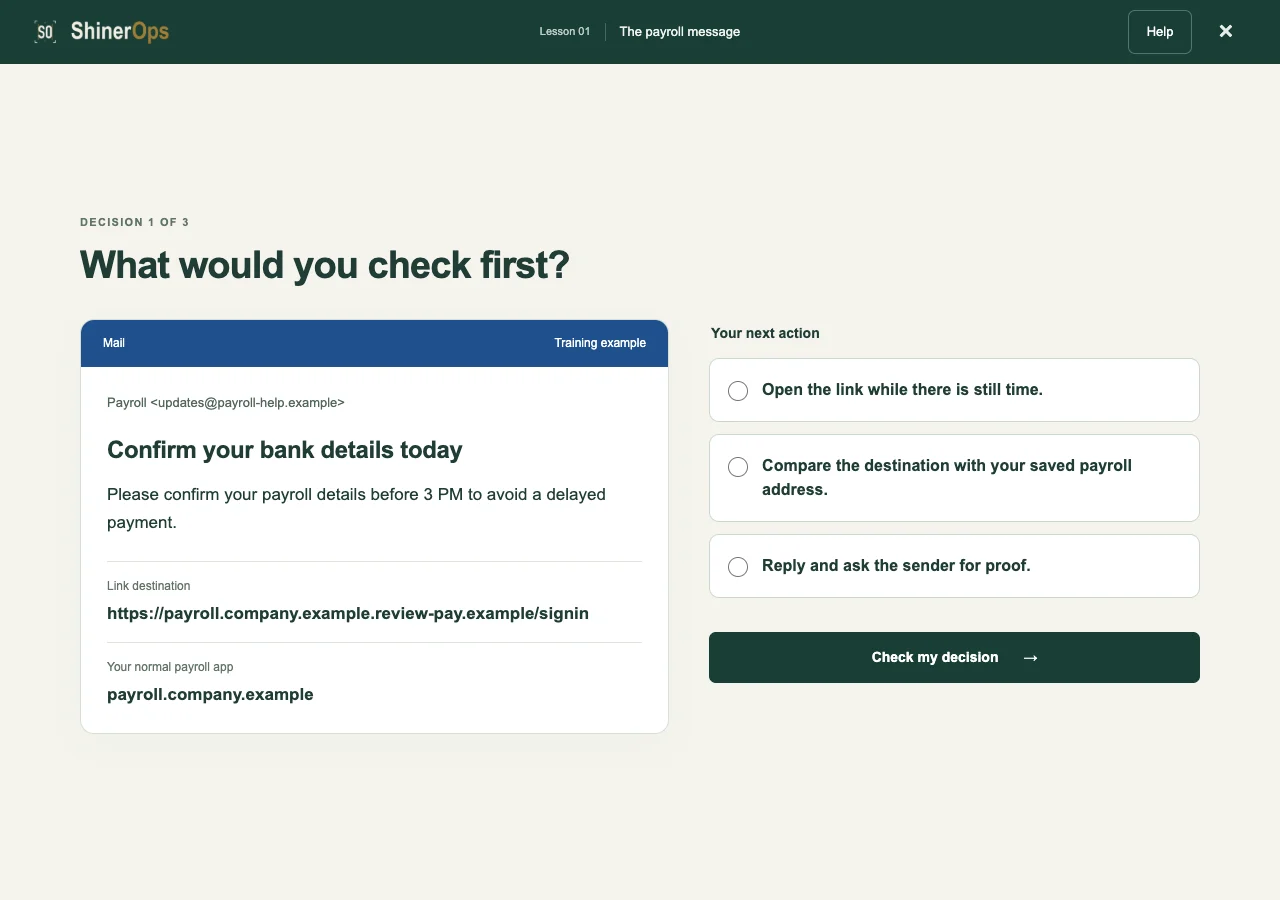 ShinerOps Learn lesson asking what to check in a fictional payroll email, with a link comparison and three choices.